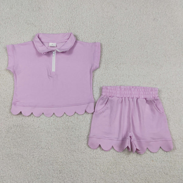 GSSO3378 RTS kids clothes pink cotton color girl summer outfit  clothing set  scalloped shorts Set