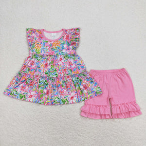 GSSO0619 RTS baby girl clothes pink floral toddler girl summer outfit