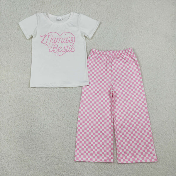 RTS GSPO2249 toddler girl clothes mama’s bestie print girl valentine's Day set bell bottom outfit