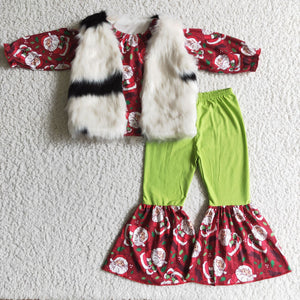 white fur vest red cartoon christmas outfits baby girl clothes 4