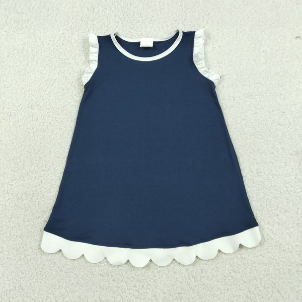 RTS GSD4056 kids girl summer dress navy cotton girl summer clothes scalloped clothing