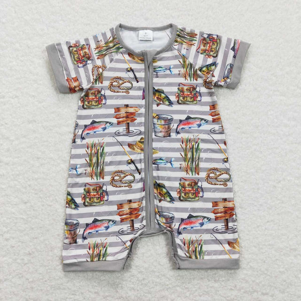 SR0842 USA warehouse 25.5.16 boy clothes boy fishing gray romper zipper romper fish clothes
