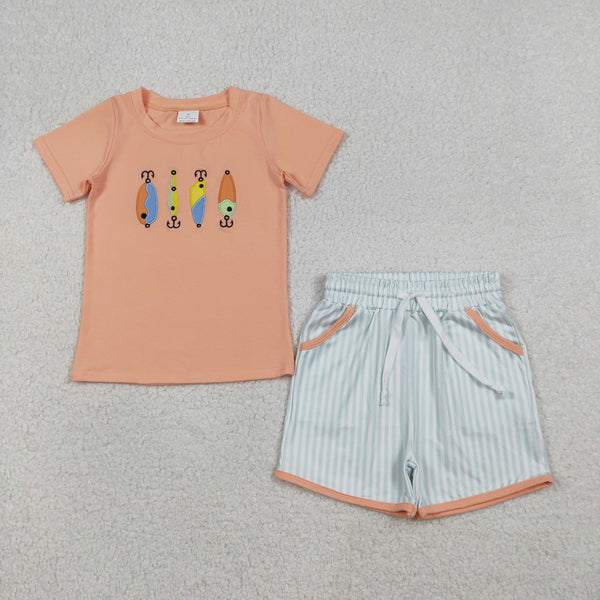 BSSO1606 RTS baby boy clothes fishing toddler boy easter summer embroidery outfit