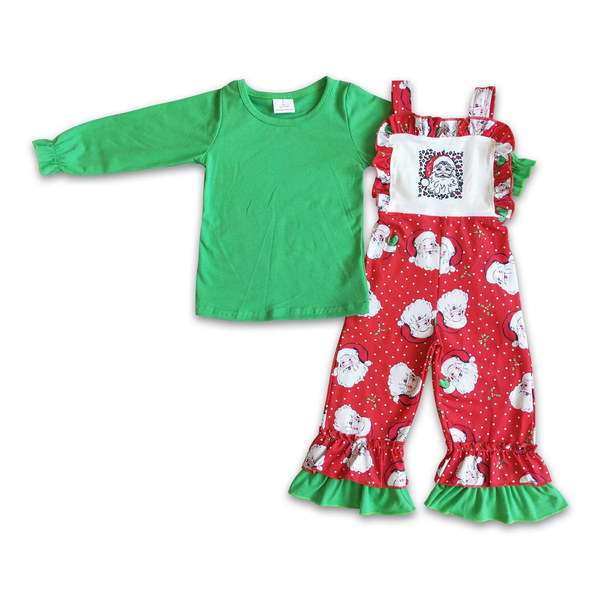 6 C7-4 Girl christmas outfit green santa claus jumpsuit overalls clothing set