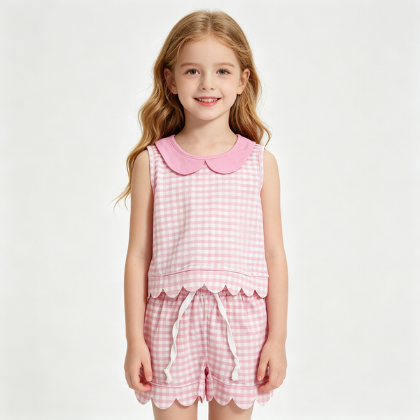 GSSO3394 RTS kids clothes pink gingham print girl summer outfit  clothing set scalloped summer shorts set