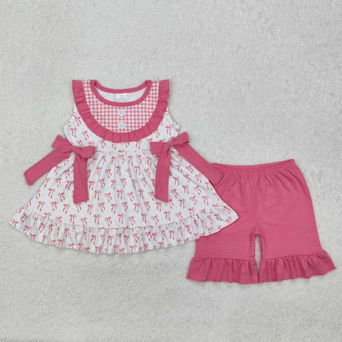 GSSO1639 RTS kids clothing hot pink bow grandmillennial girl summer shorts set