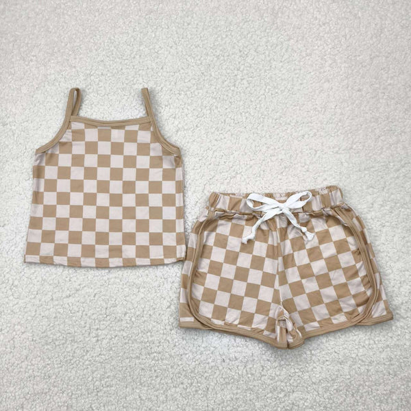 GSSO2335 RTS girl clothes brown gingham toddler girl summer outfit