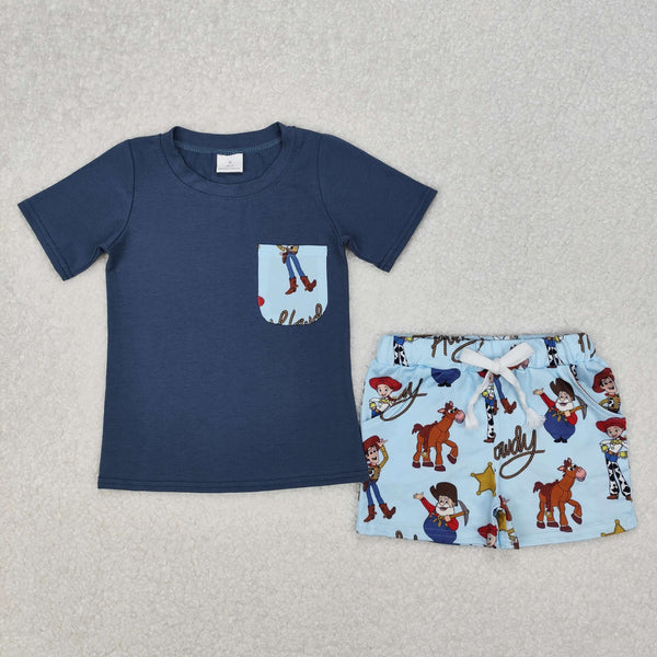 BSSO1213 RTS boy clothes pocket cartoon howdy boy summer outfit