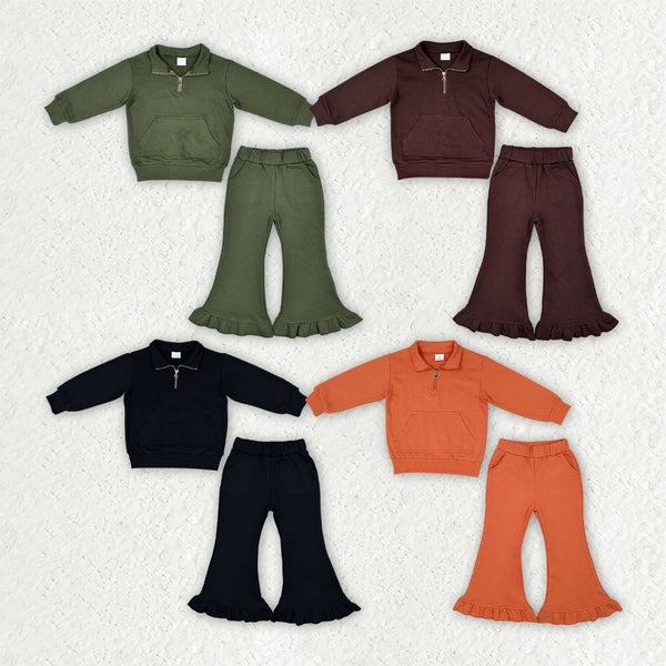 RTS Matching clothing kids solid half zip long sleeve ruffle flare pants set-2026.10.17