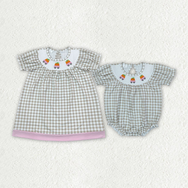 RTS Matching clothing kids carrot truck embroidery gingham print baby girl short sleeve dress and romper-2026.10.8