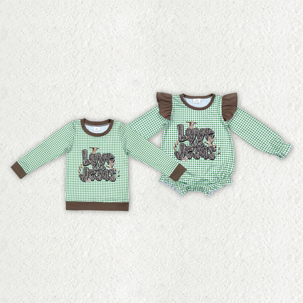 RTS Matching clothing love jesus kids green gingham print long sleeve clothes winter clothes -2026.10.27