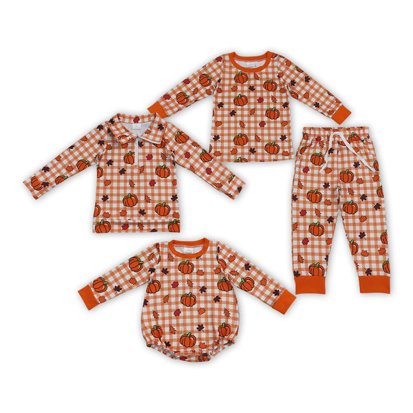 RTS Matching clothing fall pumpkin gingham print kid long sleeve romper pant fall clothing-2026.9.17