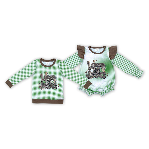 RTS Matching clothing love jesus kids green gingham print long sleeve clothes winter clothes -2026.10.27