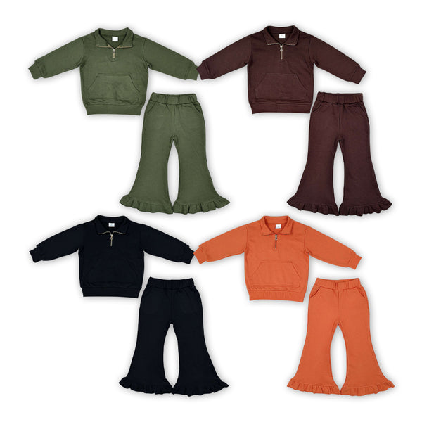 RTS Matching clothing kids solid half zip long sleeve ruffle flare pants set-2026.10.17
