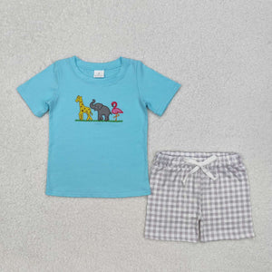 BSSO1019 RTS toddler boy clothes blue cotton animals embroidry boy summer shorts set