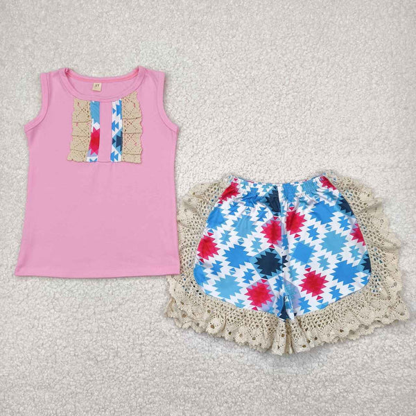 C7-5-1 RTS 6-12M-7-8T girl summer outfit lace girl  summer shorts set