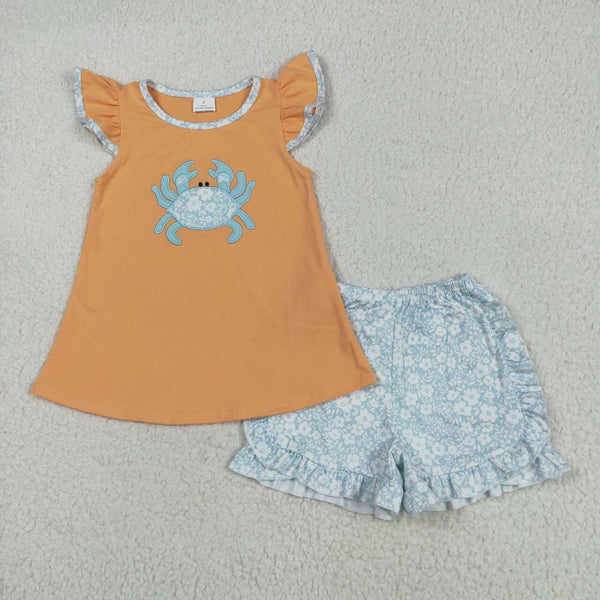 GSSO2555 RTS girl clothes crab embroidery toddler girl summer  outfit