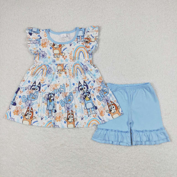 GSSO0635 RTS baby girl clothes blue cartoon dog toddler girl summer outfit