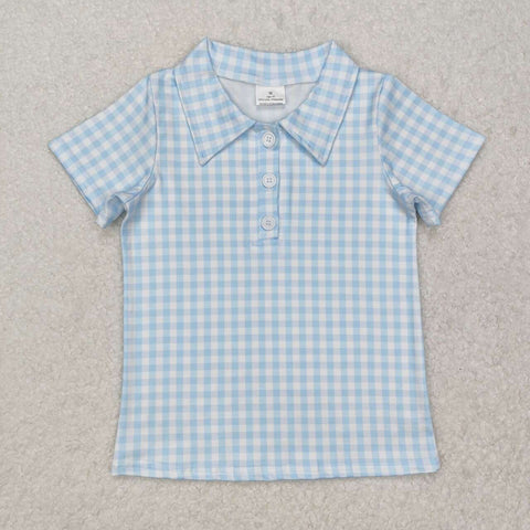 BT1125 RTS toddler boy clothes blue gingham boy summer top shirt