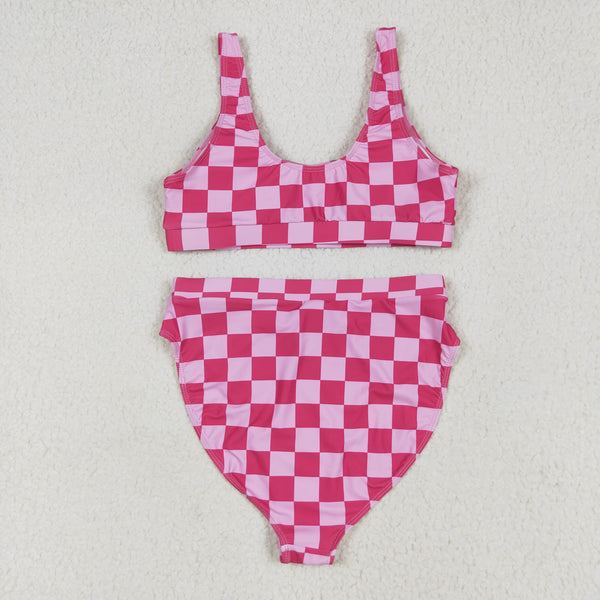 S0559 RTS women clothes pink plaid adult leopard swim suit 2pcs outfit