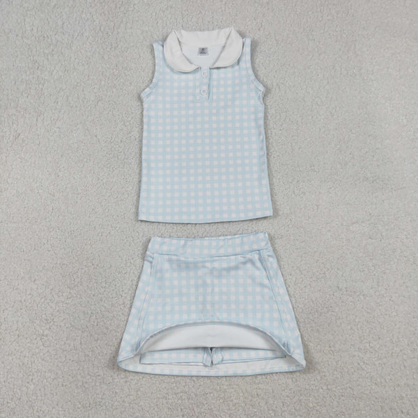 GSD3375 RTS toddler girl clothes blue gingham print girl yoga summer skirt set sports outfit