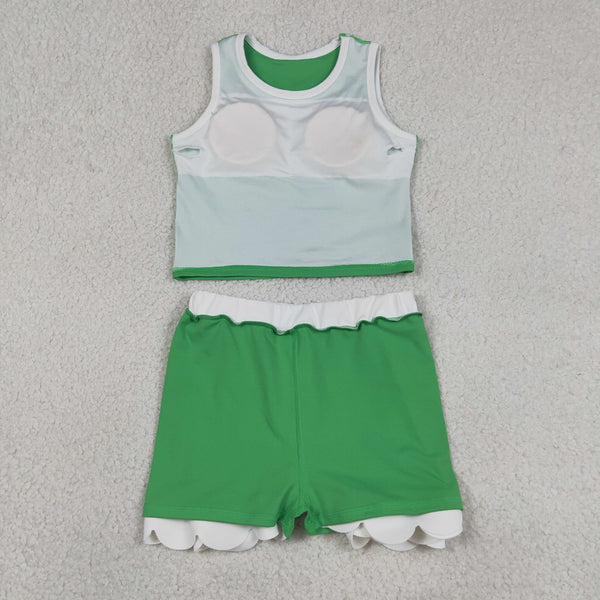 GSD4025 RTS toddler clothes green scalloped girl summer yoga set sports outfit