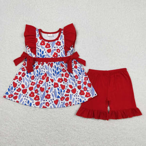 GSSO0609 baby girl clothes flower red girl summer outfit toddler shorts set