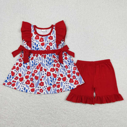 GSSO0609 baby girl clothes flower red girl summer outfit toddler shorts set