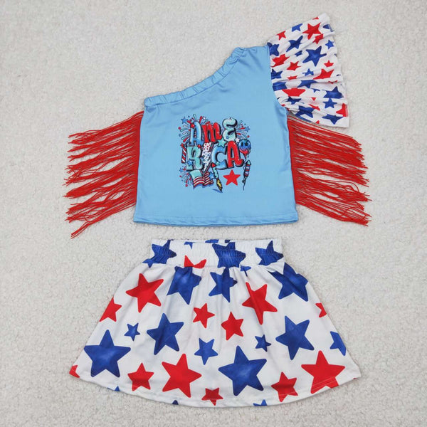 GSD1836 RTS baby girl clothes america tassel toddler girl 4th of July patriotic summer skirt outfit