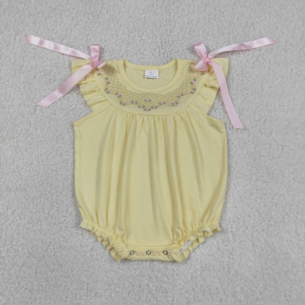 SR3561 RTS baby girl clothes floral yellow embroidery girl summer romper