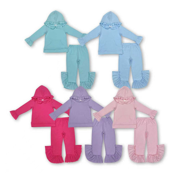 RTS kids clothes solid color print ruffle girls matching clothes winter hoodie set-2025.9.8