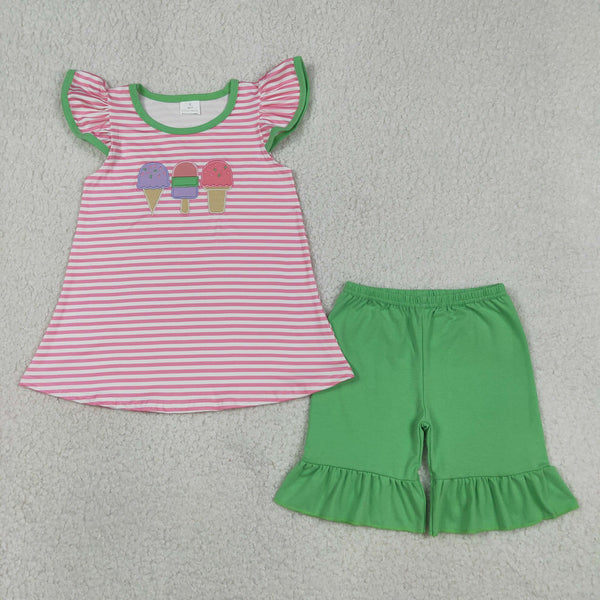 GSSO2349 RTS baby girl clothes Ice cream toddler girl summer embroidery outfit summer shorts set