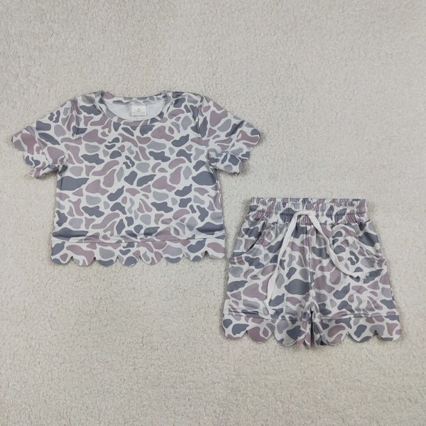 GSSO3226 RTS kids girl clothes grey camo scalloped toddler girl summer outfit shorts set
