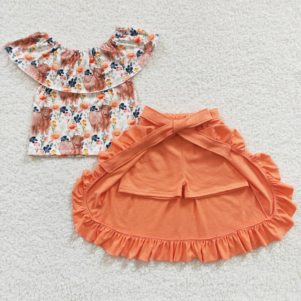 GSSO0184 kids clothes girls summer outfits orange floral skirt set