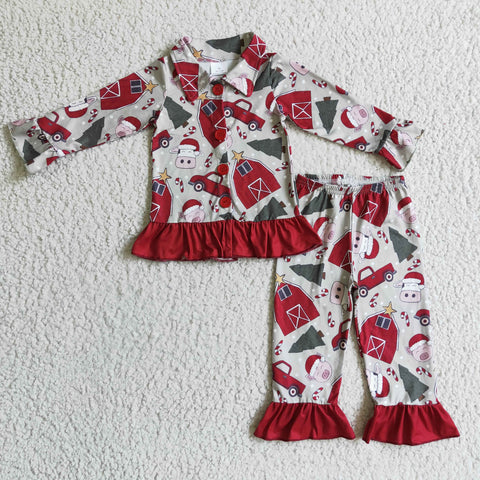 GLP0349 baby girl clothes sleepwear farm red winter pajamas set