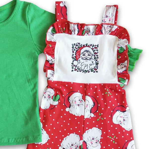 6 C7-4 Girl christmas outfit green santa claus jumpsuit overalls clothing set