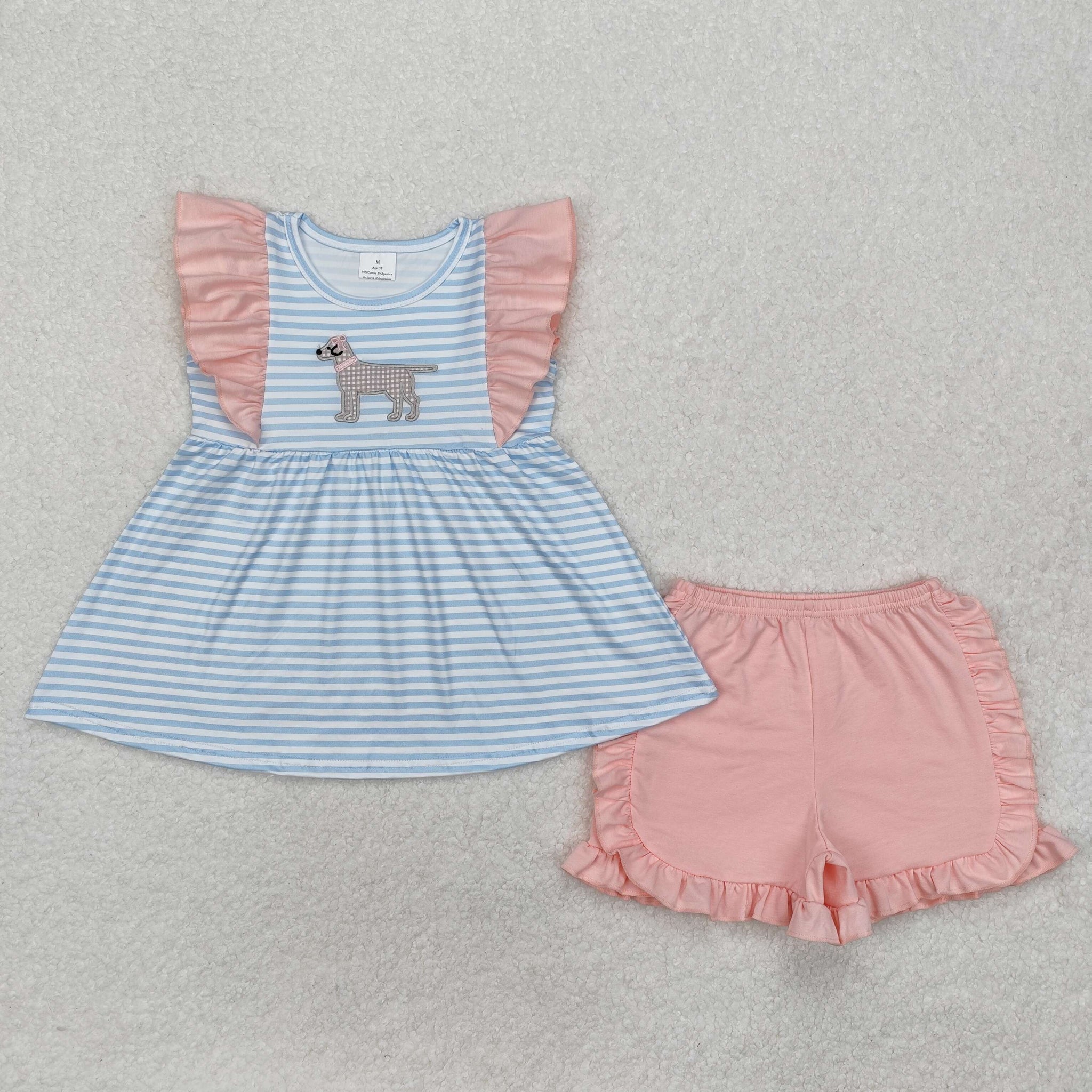 RTS GSSO1563 girl summer outfit dog embroidery girl summer clothing set