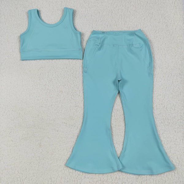 GSPO2004 RTS girl clothes blue girl bell bottom pant set yoga clothes