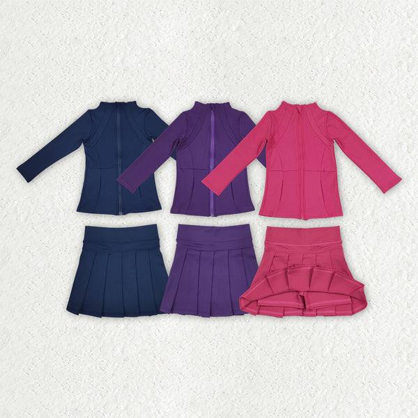 RTS Matching clothing kids yoga solid mixed color toddler girl long sleeve zip jacket skirt outfit-2026.10.7