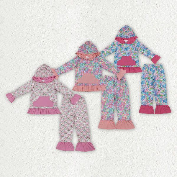 RTS Matching clothing floral mixed print kid long sleeve ruffle hooded top flare pant fall clothing-2026.9.28