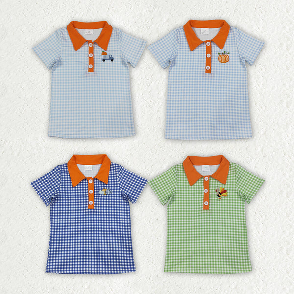 RTS Matching clothing fall gingham pumpkin truck turkey embroidery print kid short sleeve polo top fall clothing-2026.9.22