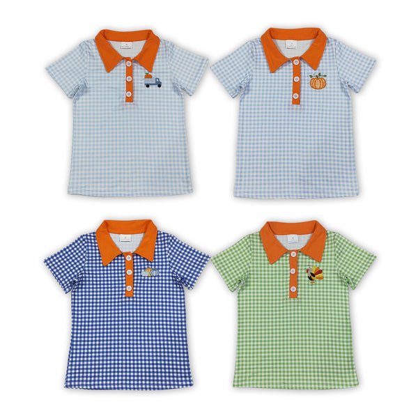 RTS Matching clothing fall gingham pumpkin truck turkey embroidery print kid short sleeve polo top fall clothing-2026.9.22
