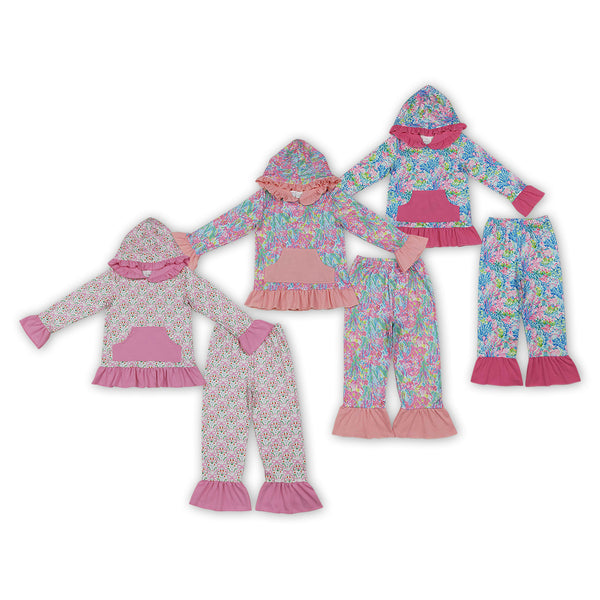 RTS Matching clothing floral mixed print kid long sleeve ruffle hooded top flare pant fall clothing-2026.9.28