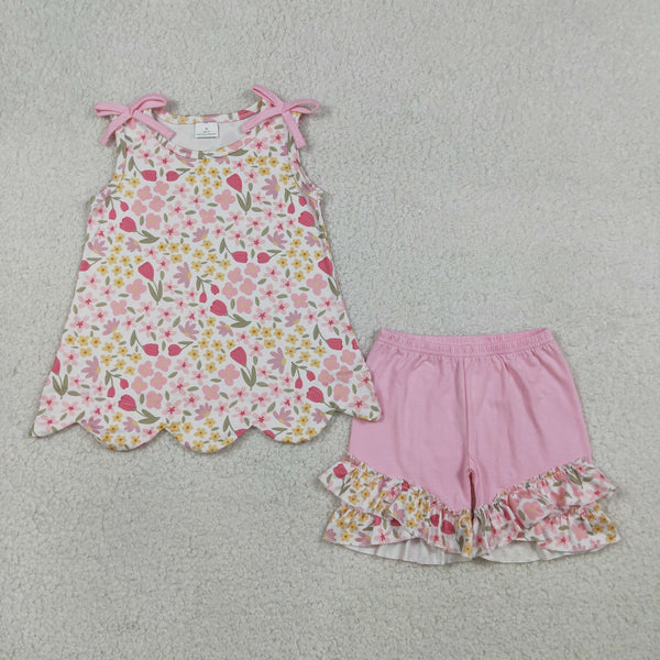 GSSO3389 RTS kids clothes flower print girl summer outfit  clothing set summer shorts set