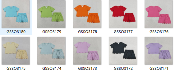 RTS Matching  toddler clothes solid color scallop  print set girls summer clothing-2026.4.2