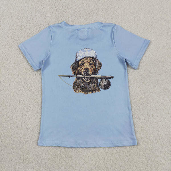 BT1765 RTS toddler boy clothes blue dog  fishing boy summer top tshirt