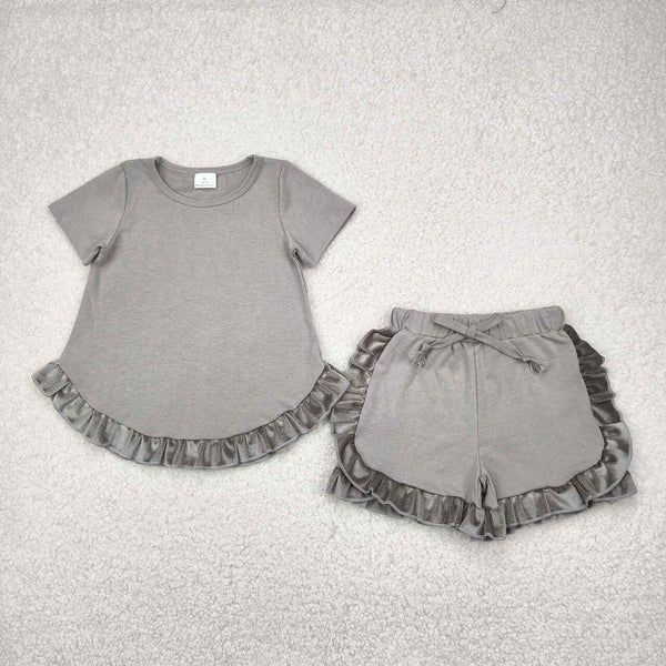 GSSO2182 RTS girl clothes grey girl summer set cotton summer shorts set