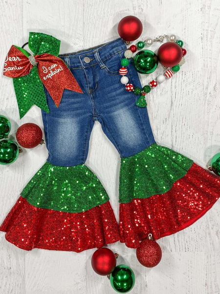 P0113 kids clothes girls blue jeans bell botton pant flare pants christmas pant