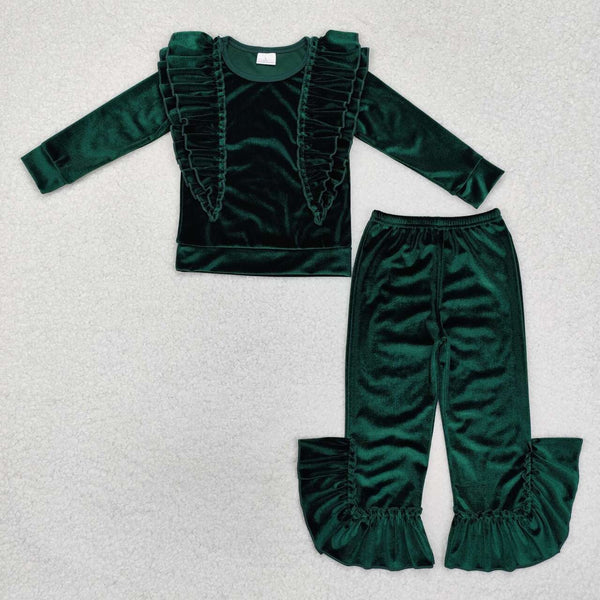 GLP2165 RTS toddler girl clothes green velvet girl winter clothes christmas set