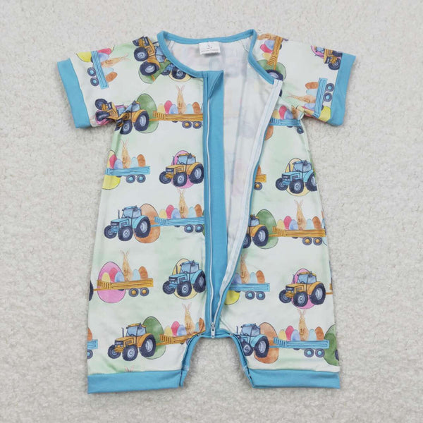 SR0883 baby boy clothes truck bunny eggs print zipper boy easter romper